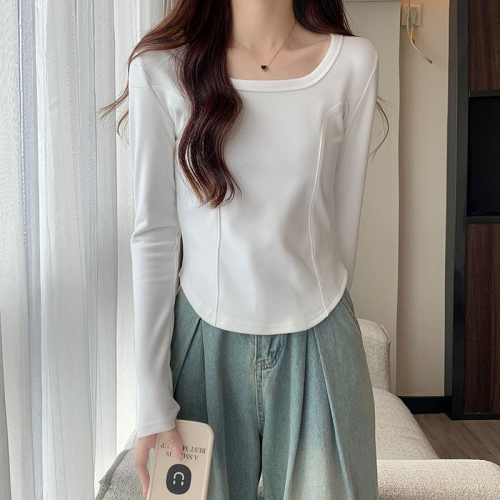 质量秋装韩版圆领纯色鱼骨修身显瘦打底衫长袖T恤女