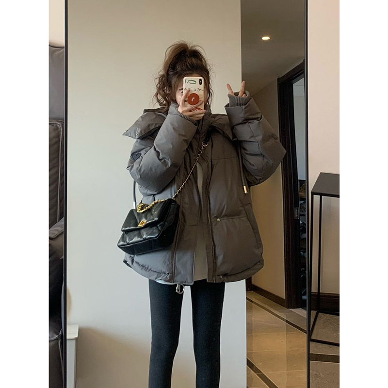 韓版小眾設計感保暖棉服灰色高級感冬季加厚休閒百搭麵包服外套