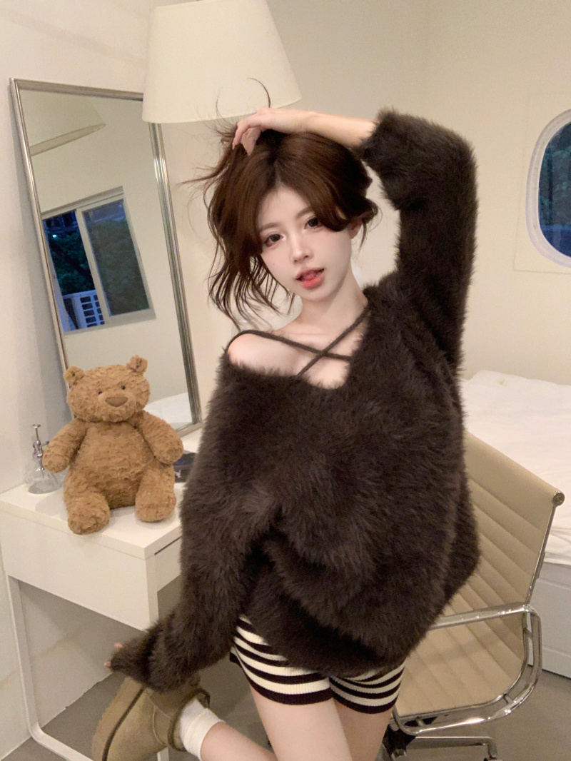 實拍 水貂絨毛衣設計感小眾交叉V領長袖綁帶套頭上衣女ins