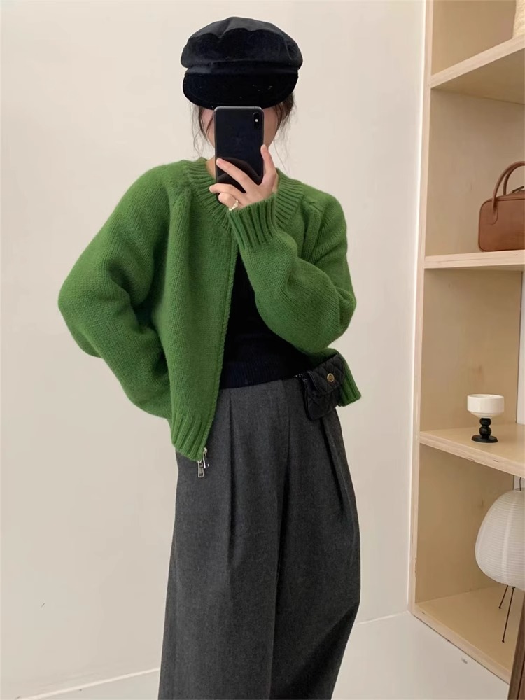 慵懶風雙拉鏈毛衣外套女2023秋冬短款設計感小眾簡約韓系針織開衫