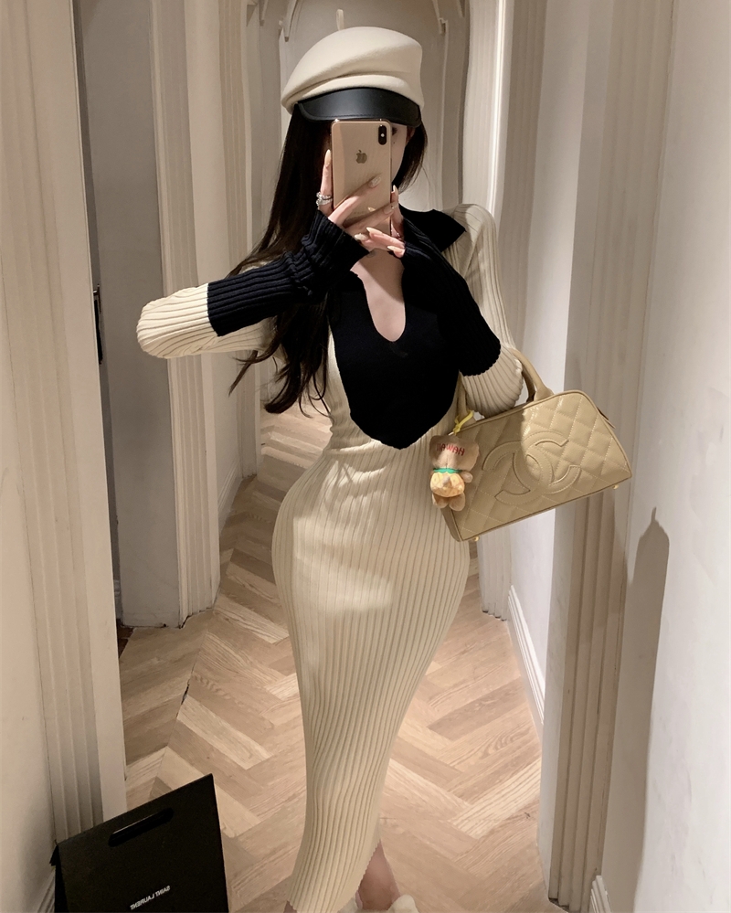 實拍 秋冬法式辣妹撞色v領收腰修身包臀裙針織長袖連衣裙女