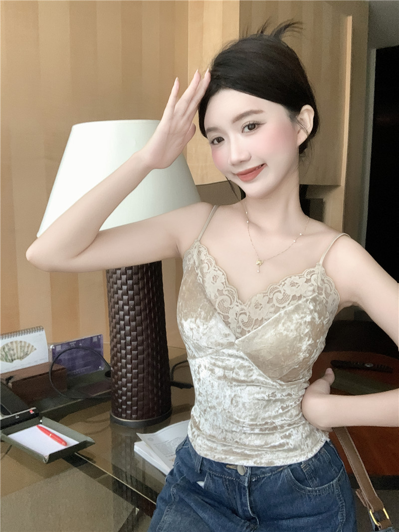 實拍~絲絨吊帶背心蕾絲拼接純欲性感帶胸墊無袖打底衣女