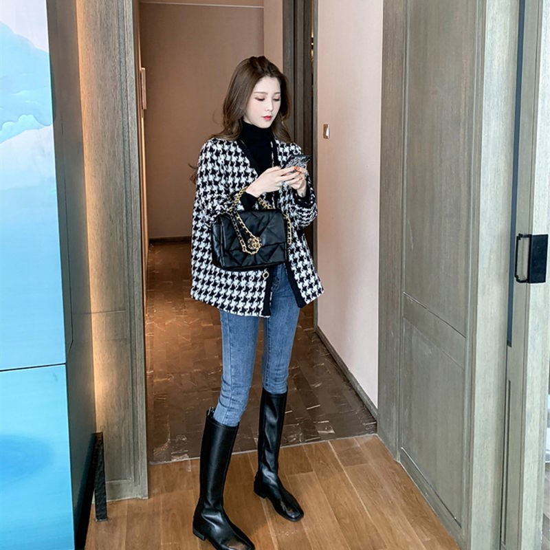 小香風千鳥格粗花呢外套女秋冬韓版寬鬆名媛氣質棒球服ins短上衣