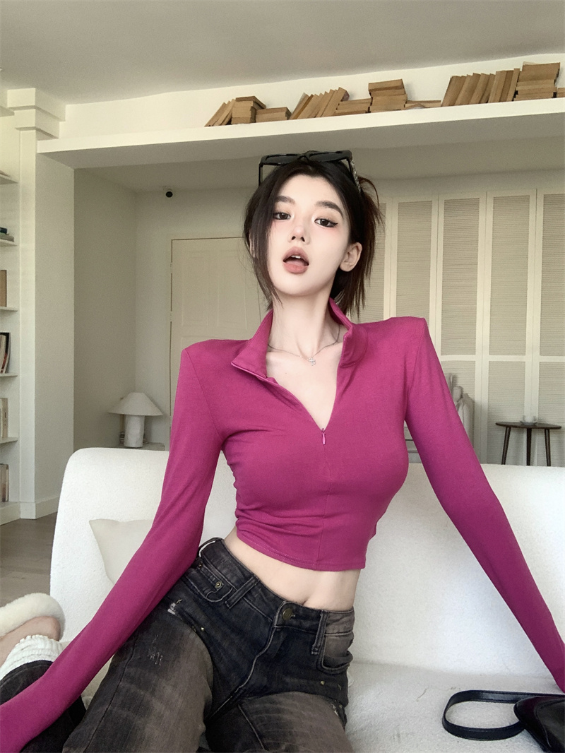 實拍 純欲風獨特别致甜辣妹緊身短款polo領上衣女修身顯瘦長袖t恤