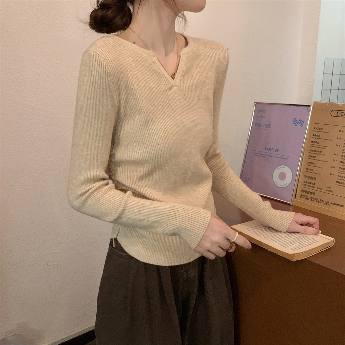 實拍 秋冬韓版修身半開領褶皺設計感內搭純色針織打底女毛衣