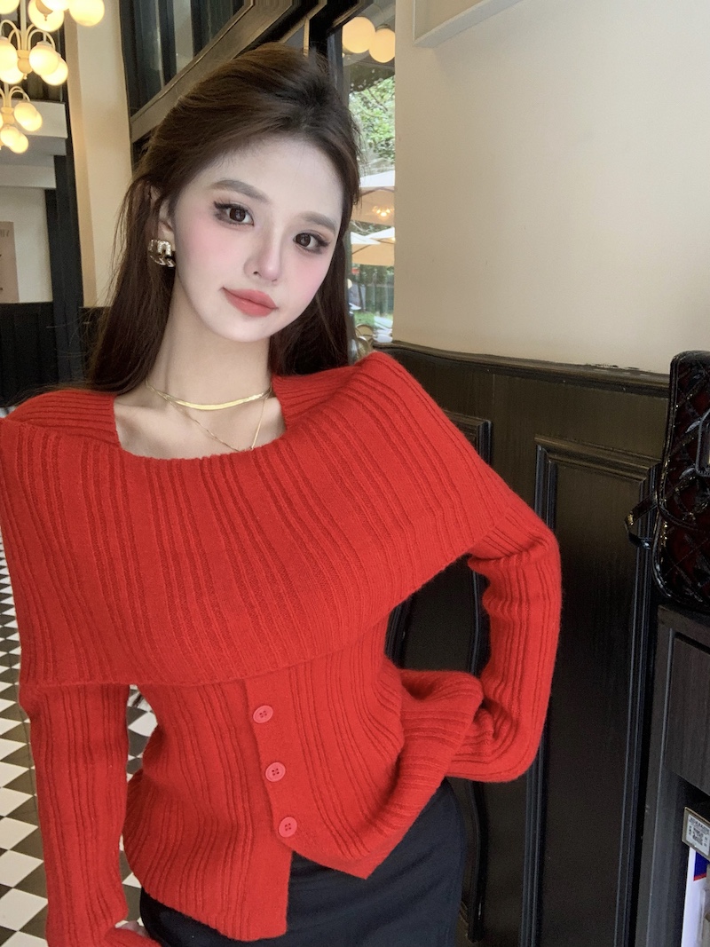 實拍 一字肩設計感毛衣女秋冬新款長袖針織開衫洋氣時尚別致上衣
