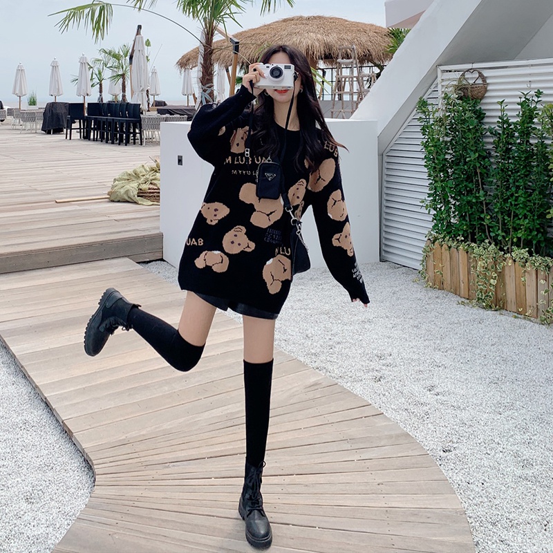 實拍~2023大碼女裝外出新款小熊洋氣毛衣上衣胖mm顯瘦長袖毛衣