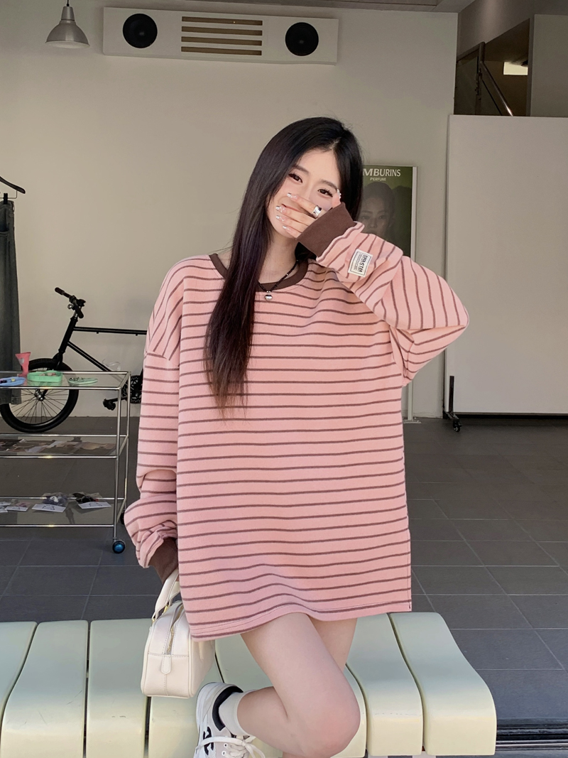 實拍~秋冬新款ins潮寬鬆慵懶風條紋設計感oversize套頭衛衣