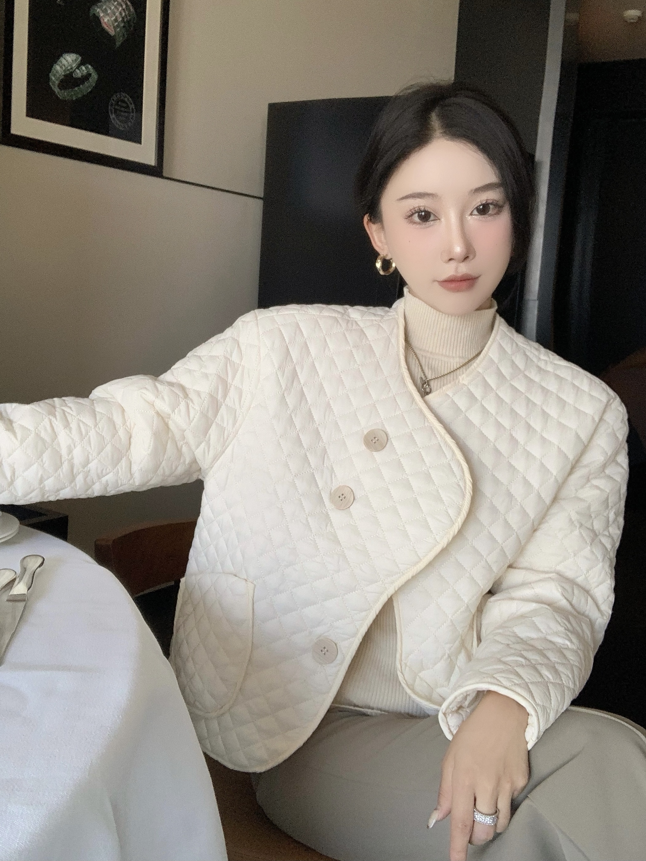 #實拍#小香風棱形格寬鬆棉服oversize簡約百搭棉服外套