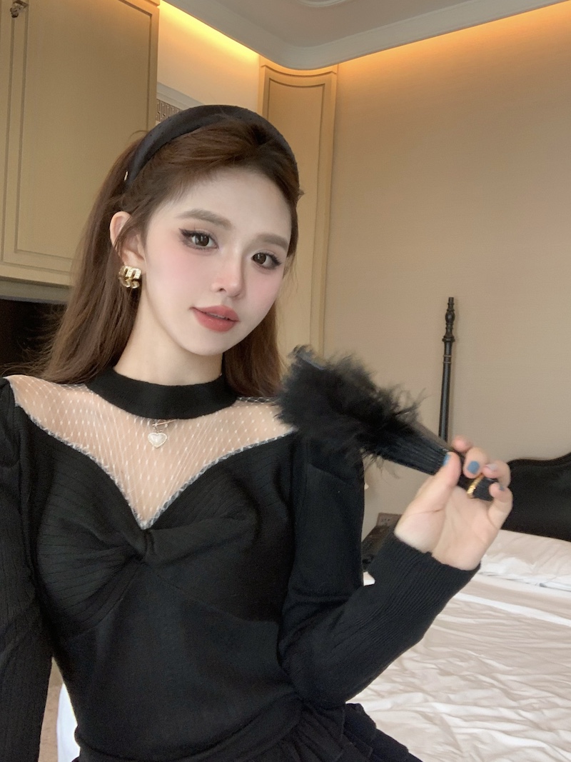實拍 溫柔網紗拼接圓領針織衫女設計感褶皺長袖毛衣修身打底上衣