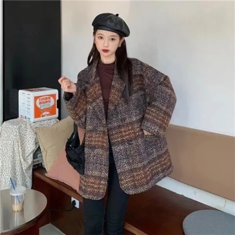 格子中長款毛呢外套女夾棉新款韓版高級寬鬆呢子大衣西裝