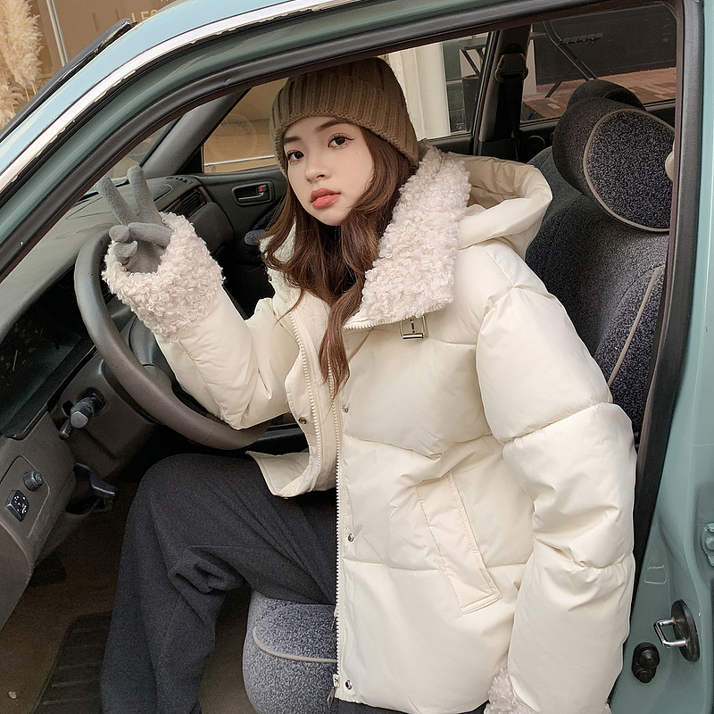 羊羔毛拼接冬季新款羽絨棉服女美式復古學院風設計麵包服短款外套