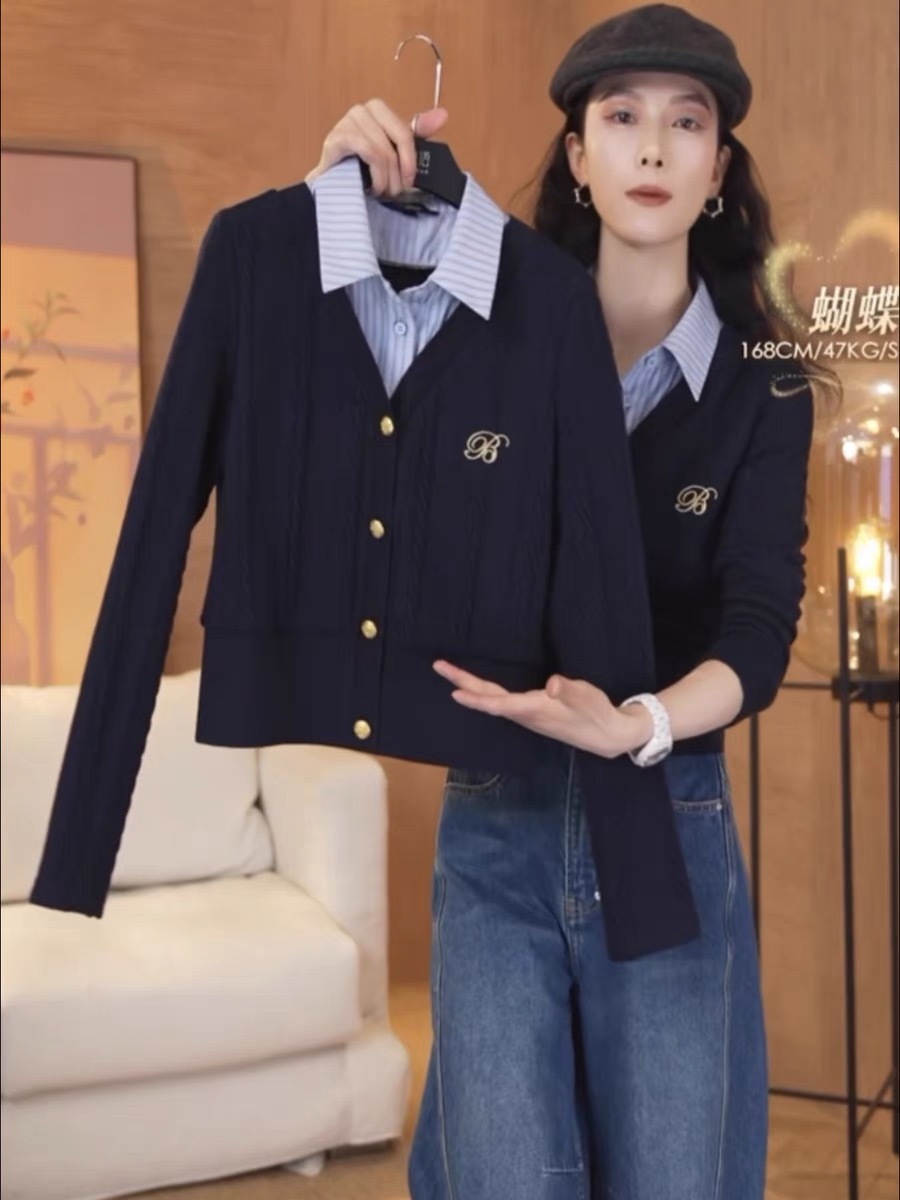 秋冬2023時尚減齡假兩件撞色設計針織開衫外套女氣質百搭毛衣上衣