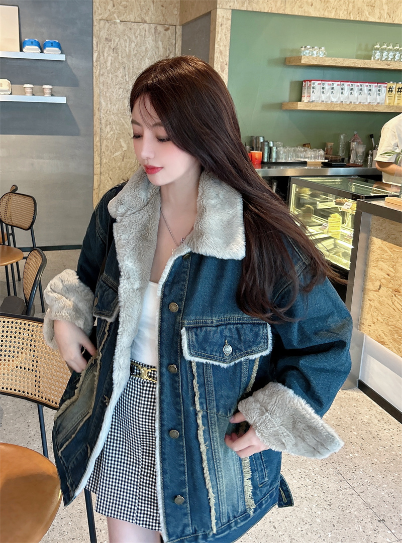 實拍~牛仔棉服外套女新款韓版寬鬆設計感保暖加絨加厚毛毛棉衣