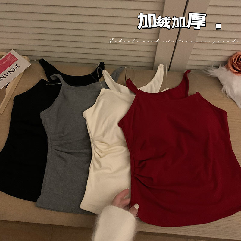 實拍辣妹穿搭設計感隱形肩帶背心加絨保暖褶皺收腰顯瘦打底衫