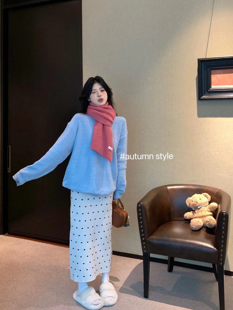 實拍~甜美慵懶風寬鬆長袖毛衣上衣+圍巾+半身裙打底裙子女
