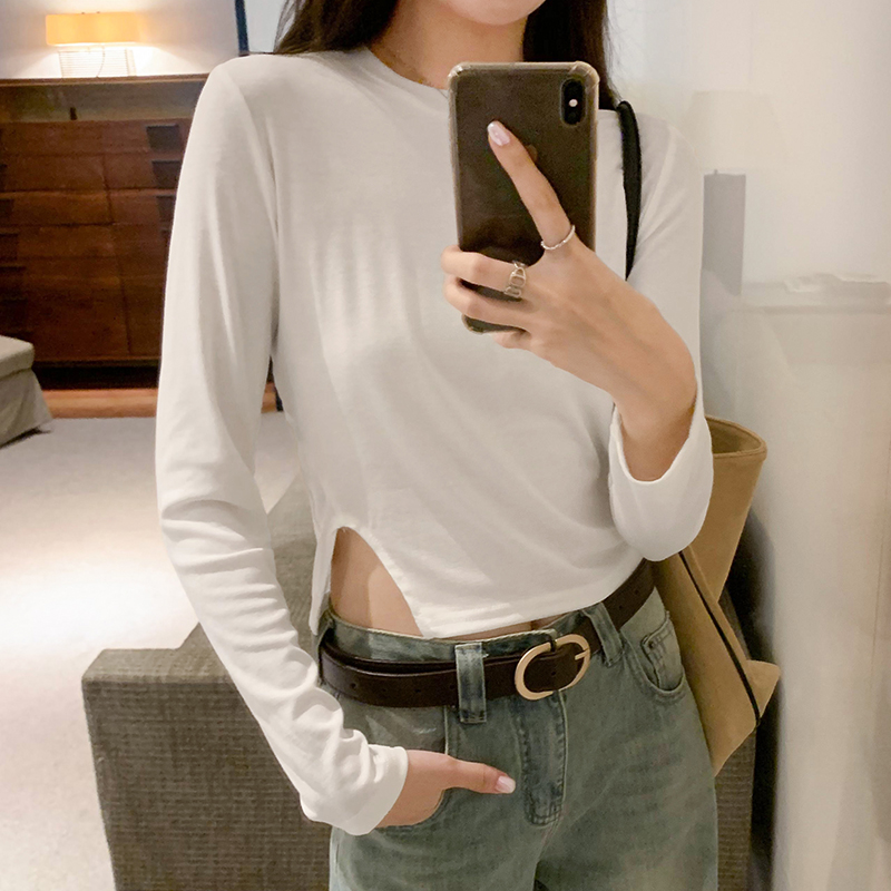 實拍圖休閒寬鬆純色彈性圓領基礎上衣女秋季新款內搭打底衫
