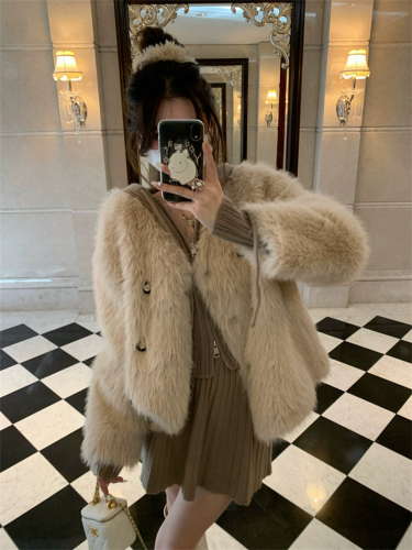 Women's high-end imitation Tuscan milk tea color thickened eco-friendly fur set