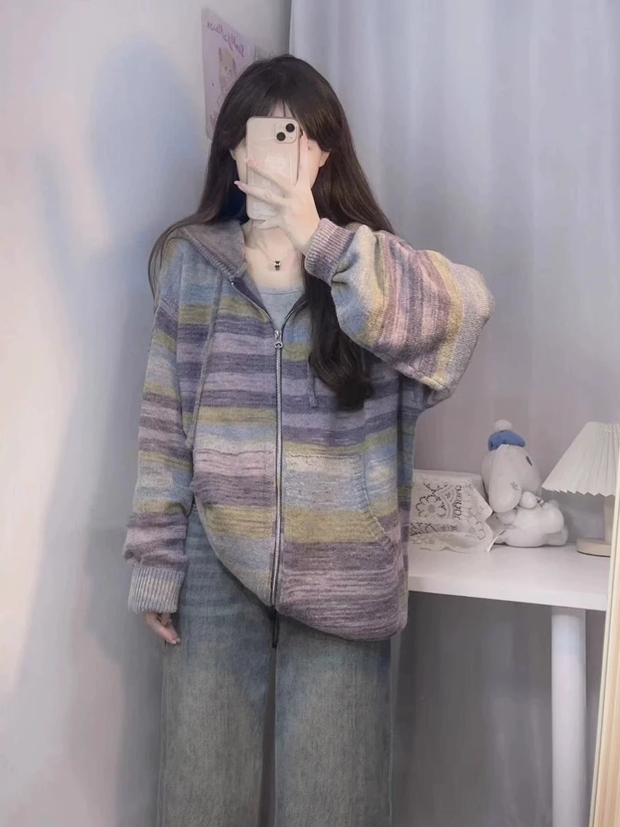 條紋連帽毛衣女慵懶風寬鬆長袖外套設計開衫上衣針織面料韓版