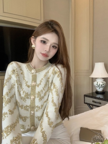 Real shot of heavy industry beading gold thread knitting socialite temperament Xiaoxiang F knitted cardigan top for women