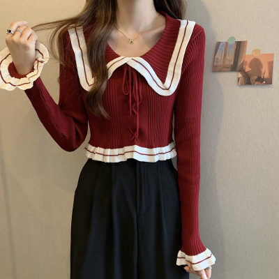 法式獨特娃娃領紅色打底針織衫女秋季新款軟糯加厚短款毛衣小上衣