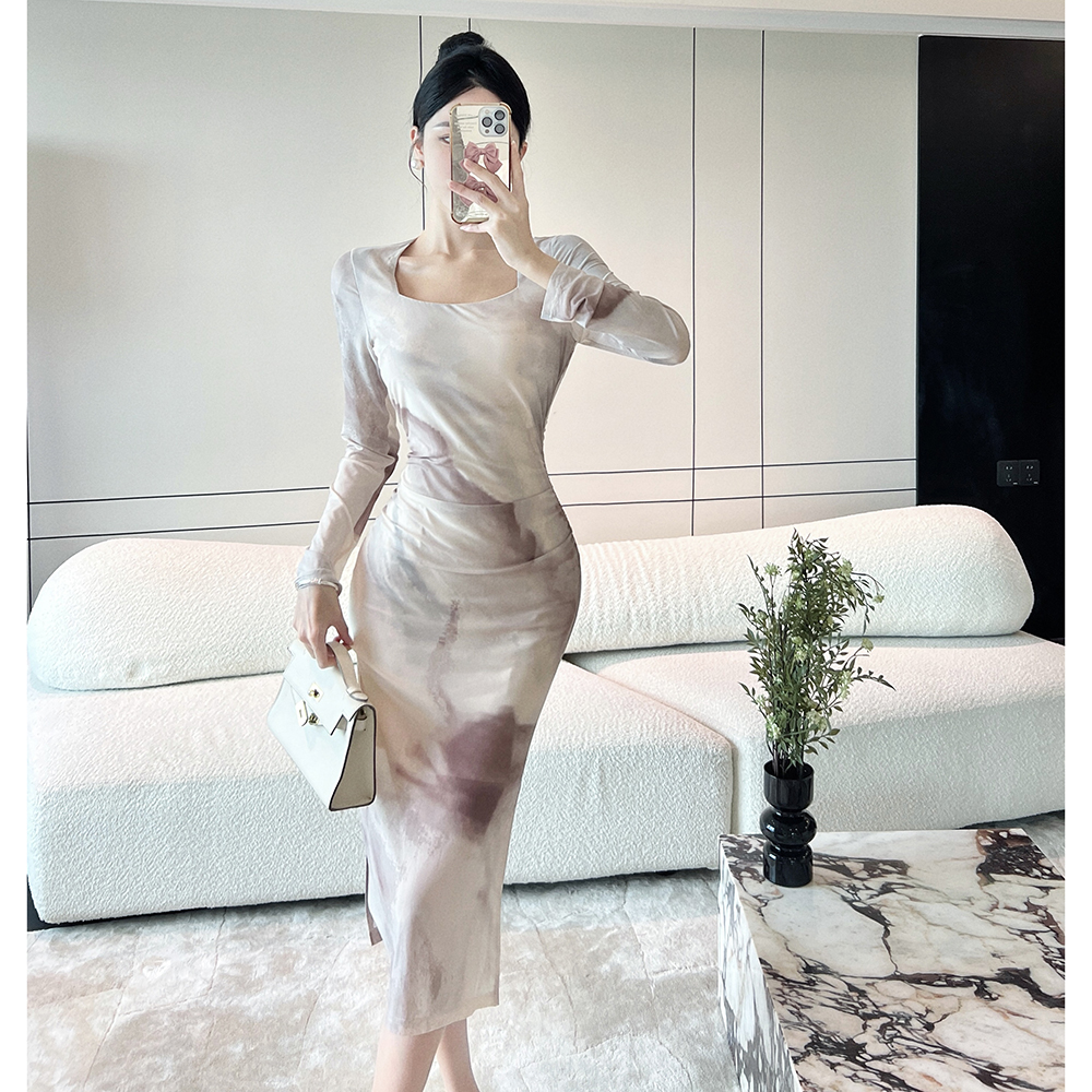 實拍 女裝復古中國風扎染圖案長袖修身包臀開叉連衣裙