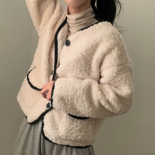 韩国chic秋冬新款 气质毛毛夹棉加厚保暖宽松外套女棉衣