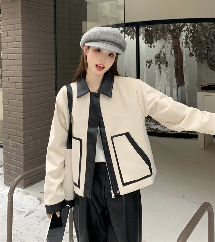 Real shot of new autumn and winter Korean style loose short spliced ​​leather jacket women's jacket motorcycle jacket