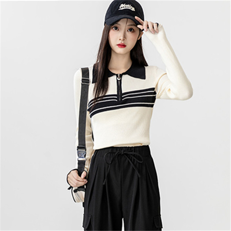 2023秋季新款撞色條紋polo領針織衫女春秋長袖半拉鏈翻領針織上衣