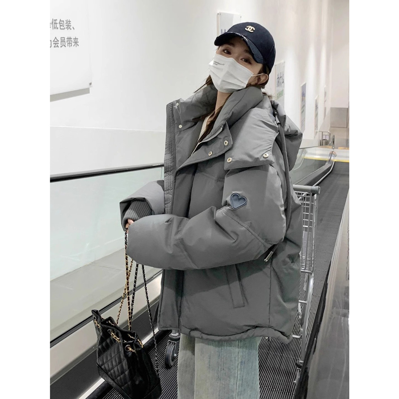 灰色愛心別致設計感麵包服簡約復古寬鬆慵懶風冬季加厚棉服外套女