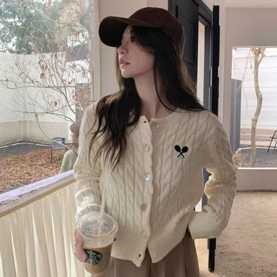 2023新款毛衣內搭打底外穿灰粉米白麻花設計感刺繡針織開衫女秋季