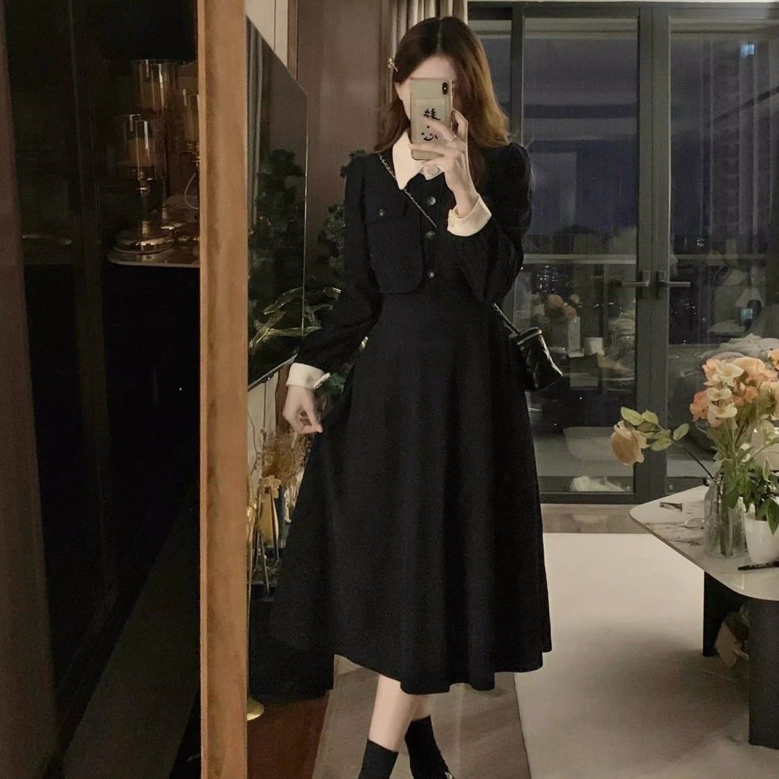 秋冬新款打底小香風假兩件拼接連衣裙女高級感顯瘦赫本風小黑裙仙