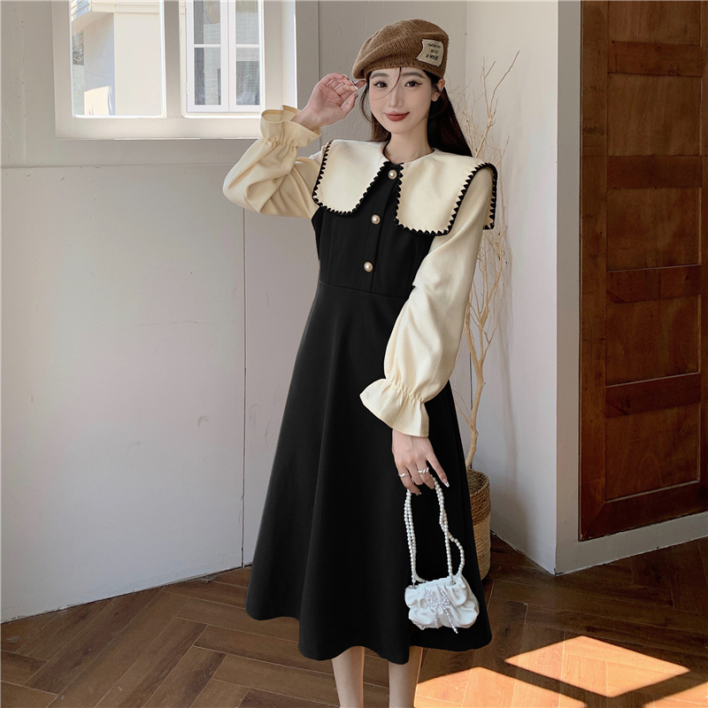 2023 Korean version of corduroy large size French doll collar dress for women fake two-piece fat mm waist slimming retro dress
