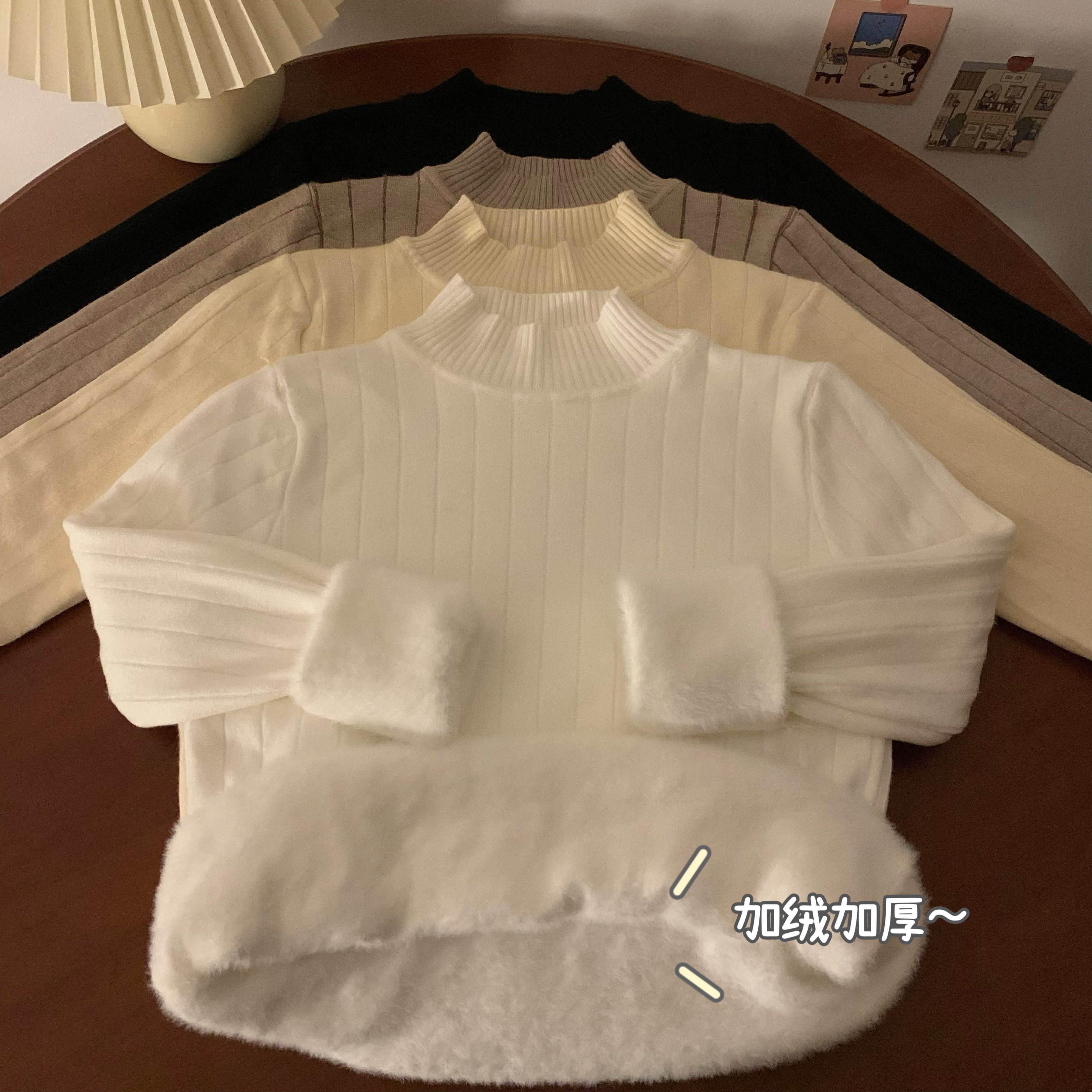 實拍 半高領加絨加厚打底衫毛衣秋冬長袖針織衫
