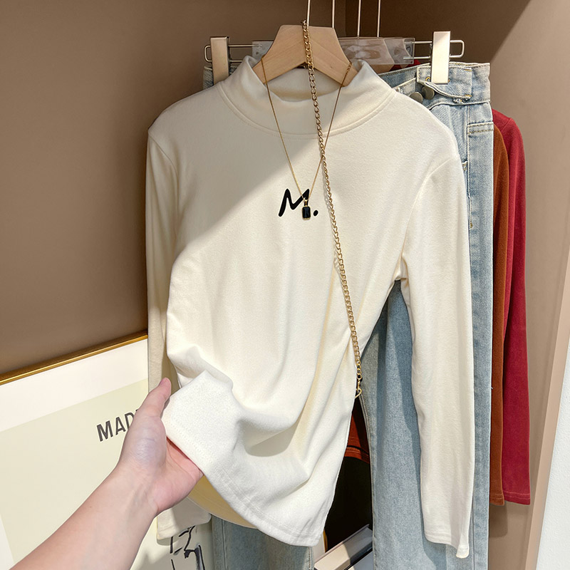 Actual shot-2023 Half turtleneck double-sided German velvet bottoming shirt for women in autumn and winter with long-sleeved T-shirt plus velvet thickened top