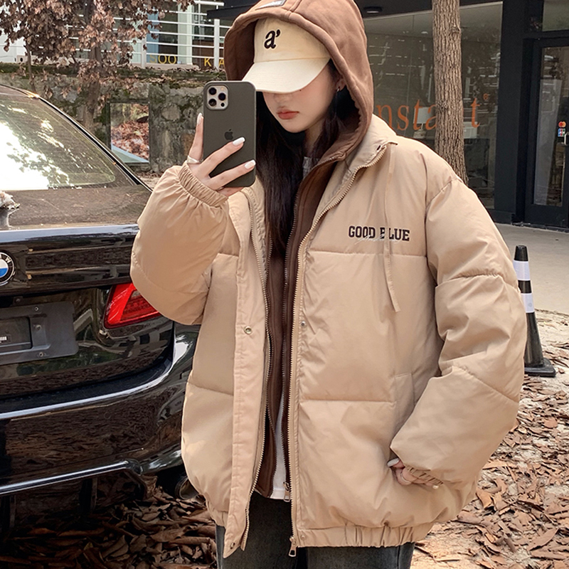 Real shot of American high street oversize cotton coat for women in winter new style student fake two pieces thickened cotton coat retro cotton jacket