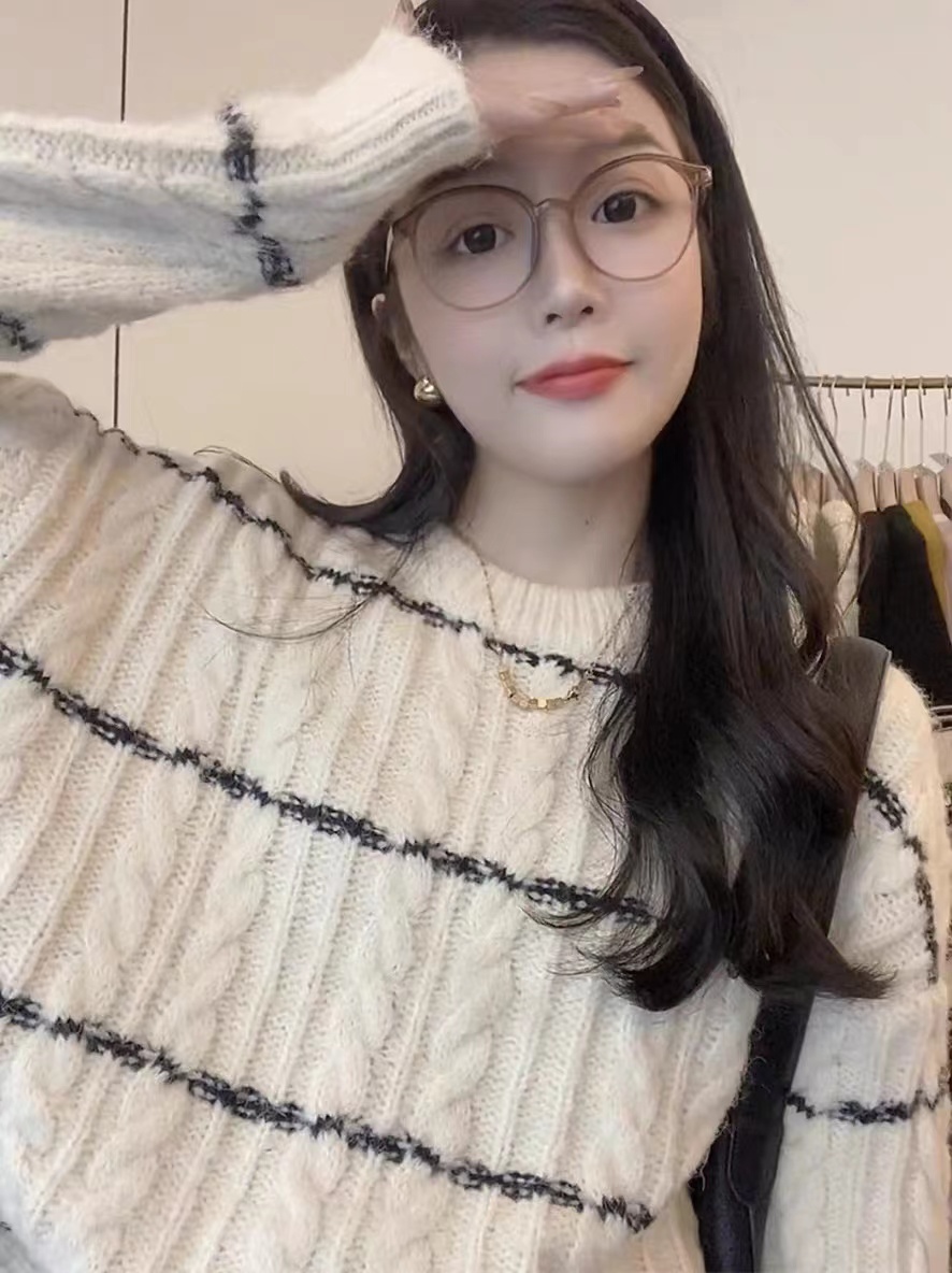慵懶風設計感條紋毛衣女2023春秋新款外穿內搭軟糯打底加厚針織衫