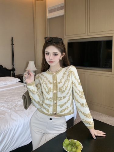 Real shot of heavy industry beading gold thread knitting socialite temperament Xiaoxiang F knitted cardigan top for women