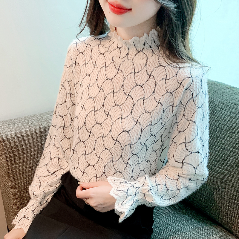 已出貨 2023新款半高領磨毛蕾絲打底衫時尚長袖氣質內搭上衣女