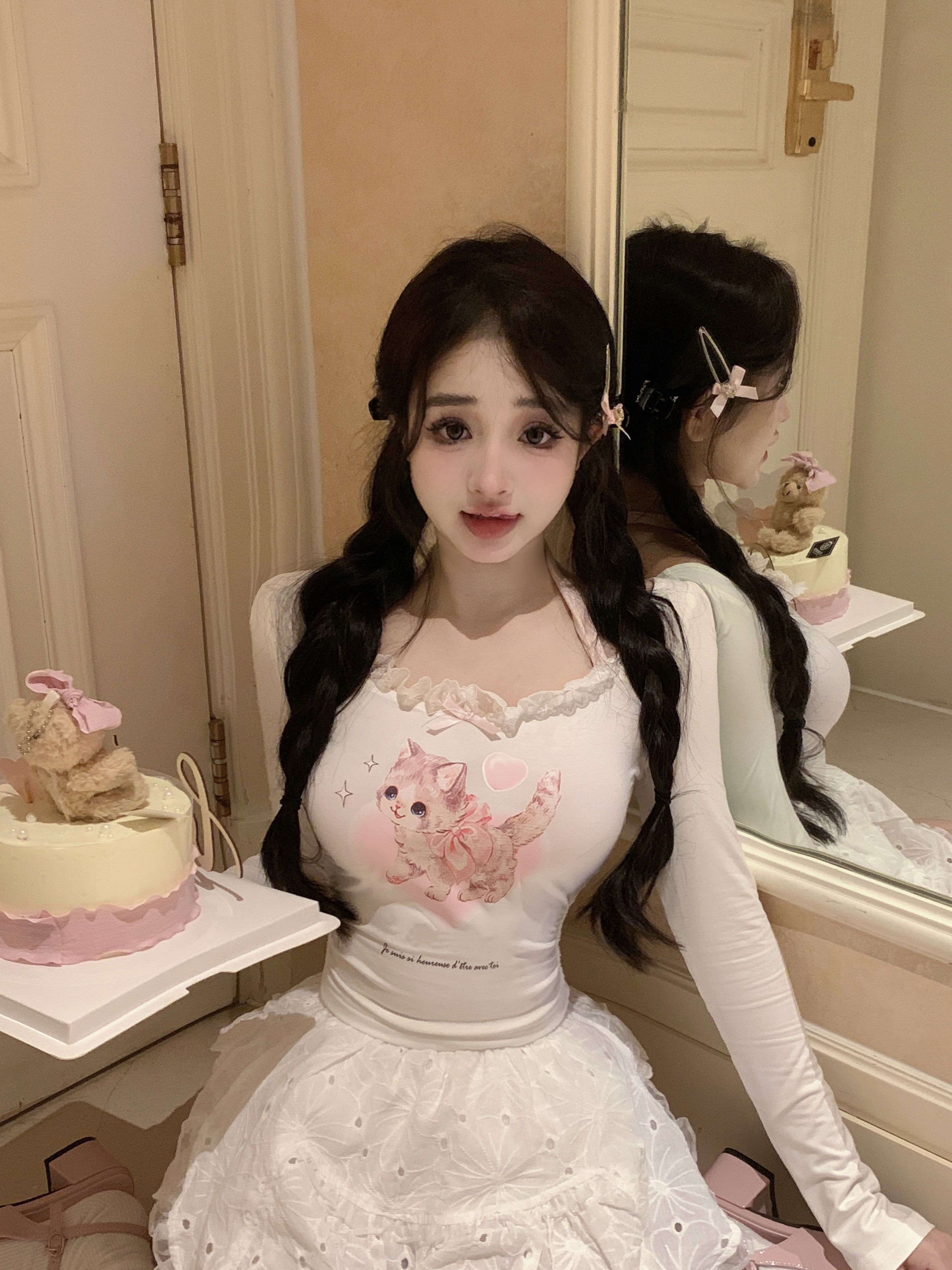 實拍  純愛貓咪少女掛脖顯瘦針織T恤