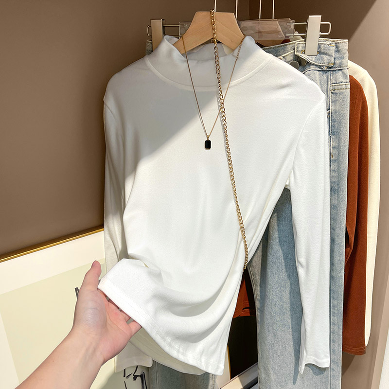 Actual shot-2023 Half turtleneck double-sided German velvet bottoming shirt for women in autumn and winter with long-sleeved T-shirt plus velvet thickened top