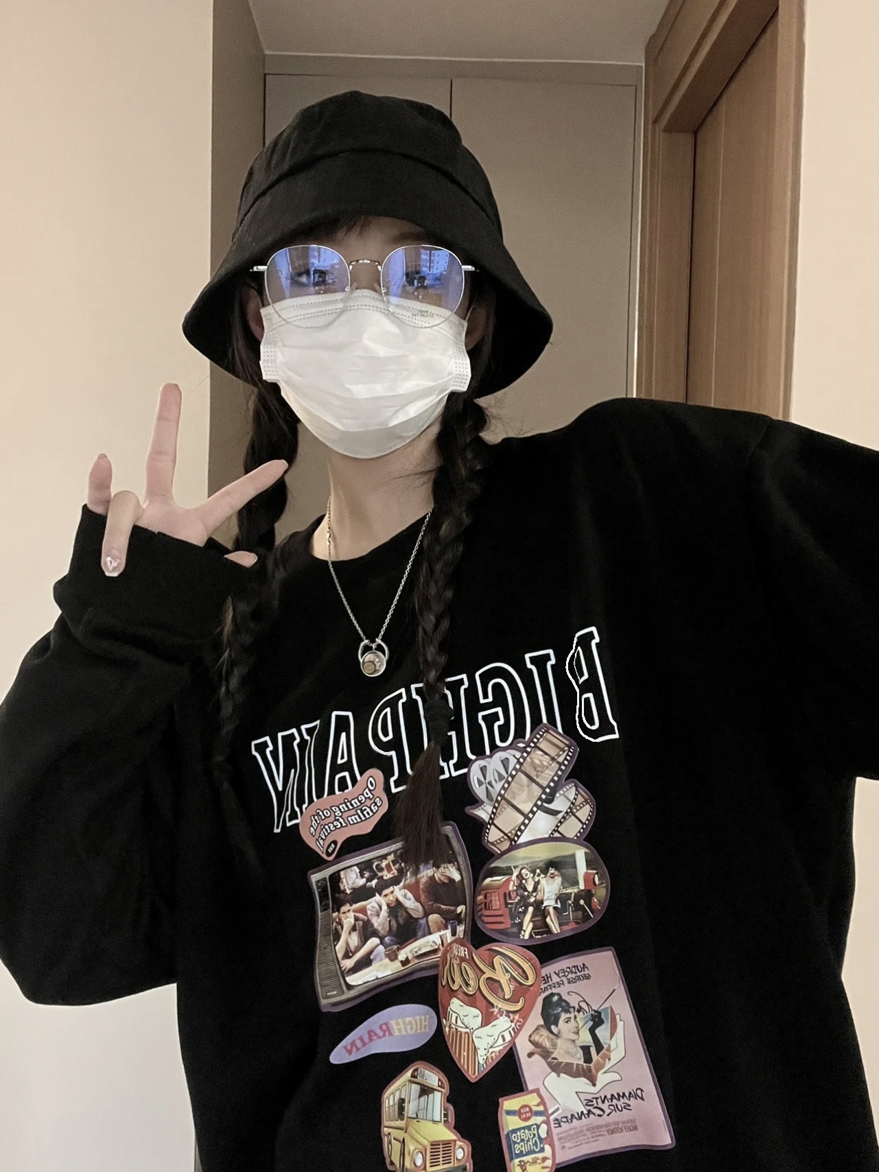 美式復古小眾設計黑色圓領純棉套頭衛衣男女情侶秋季新款上衣國潮