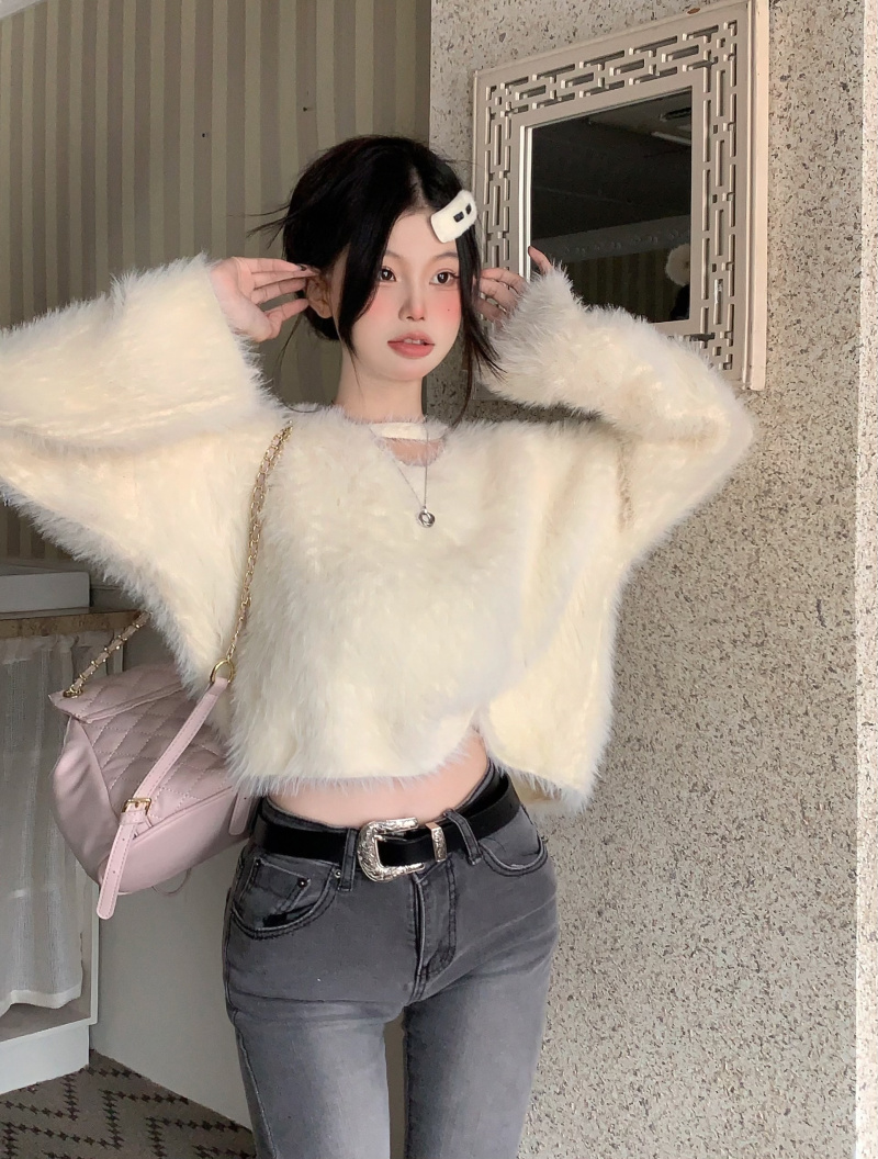 實拍 韓版短款毛衣女2023秋冬寬鬆慵懶風毛毛加厚露鎖骨毛衣