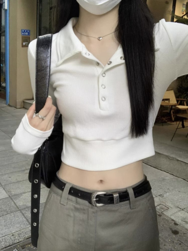 高弹1X1  甜辣风polo领长袖t恤女秋季修身短款设计感露脐打底上衣