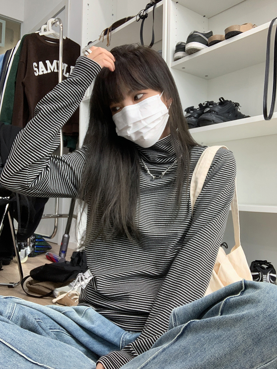 雙面德絨條紋磨毛高領打底衫女顯瘦長袖t恤2023秋冬季瘦內搭上衣