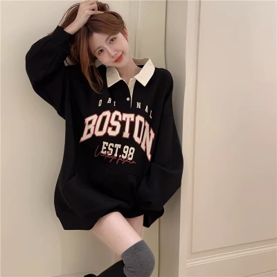 大碼女裝秋季美式復古POLO領寬鬆衛衣女遮肚顯瘦上衣胖mm200斤300