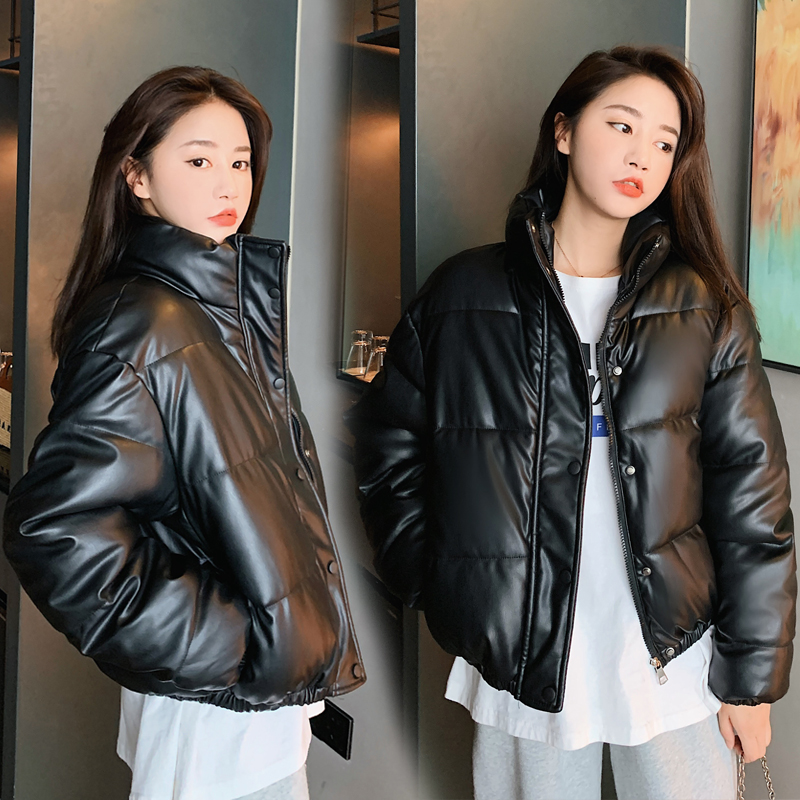 實拍2023年新款加厚短款立領韓版PU皮免洗羽絨服女時尚外套棉衣潮
