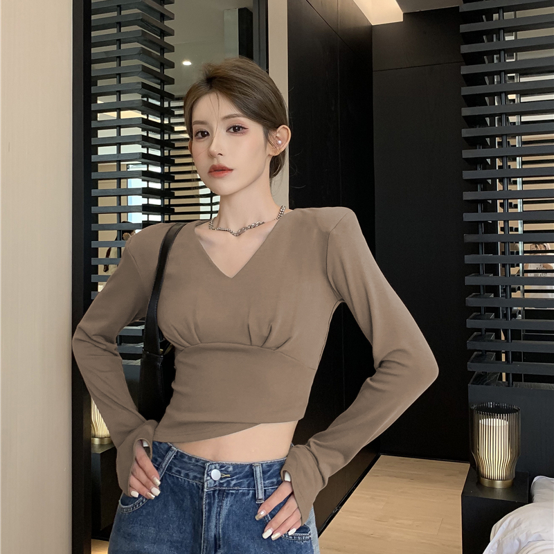 氣質v領打底衫女秋裝高級感內搭上衣2023新款修身長袖t恤女裝