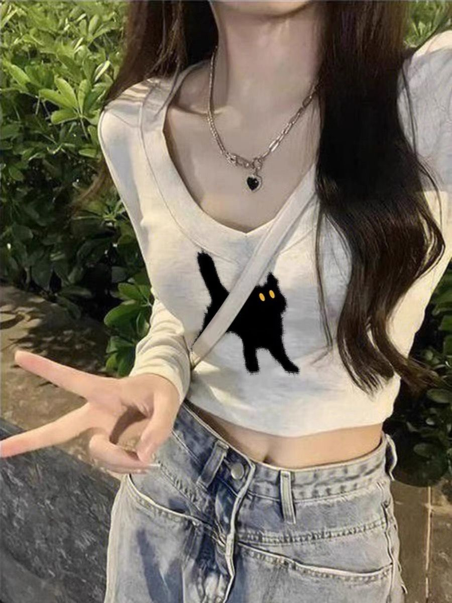 40 count 92 cotton 8 spandex v-neck clavicle bottoming shirt women's hot girl slim slim long-sleeved t-shirt short top