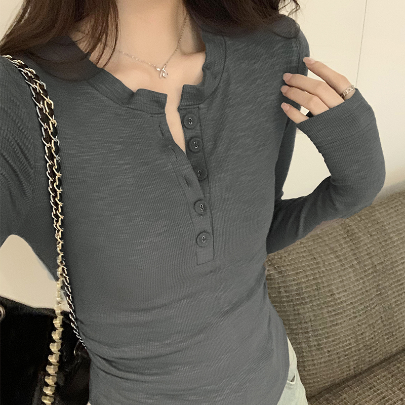 實拍圖韓系灰色圓領排扣長袖上衣女2023新款內搭秋冬緊身顯瘦T恤